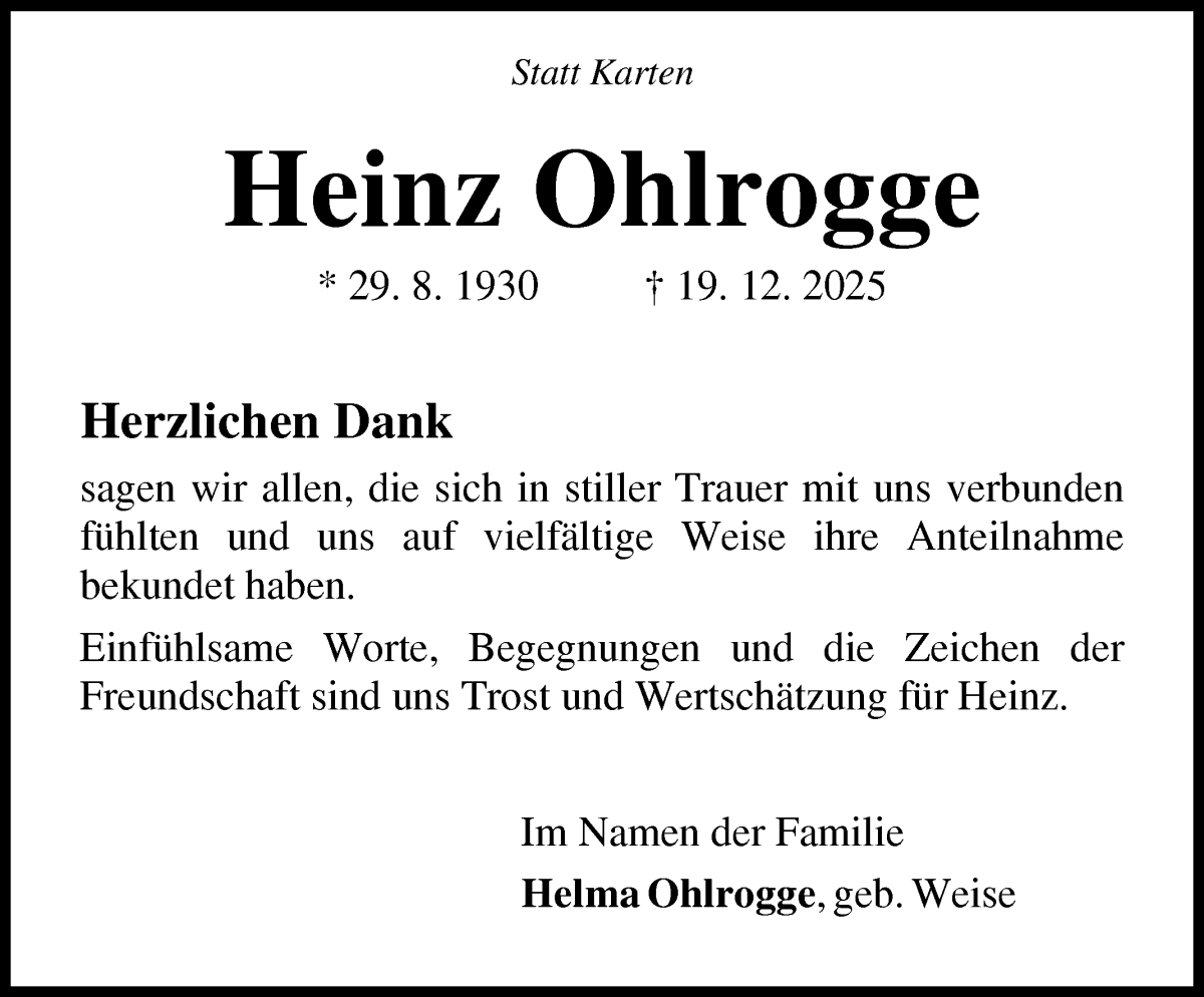 Traueranzeige von Heinz Ohlrogge von Osterholzer Kreisblatt