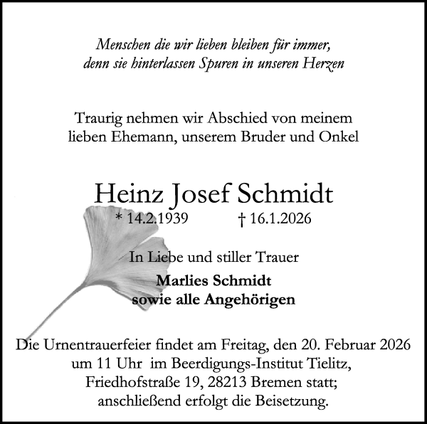 Traueranzeige von Heinz Joset Schmidt von WESER-KURIER