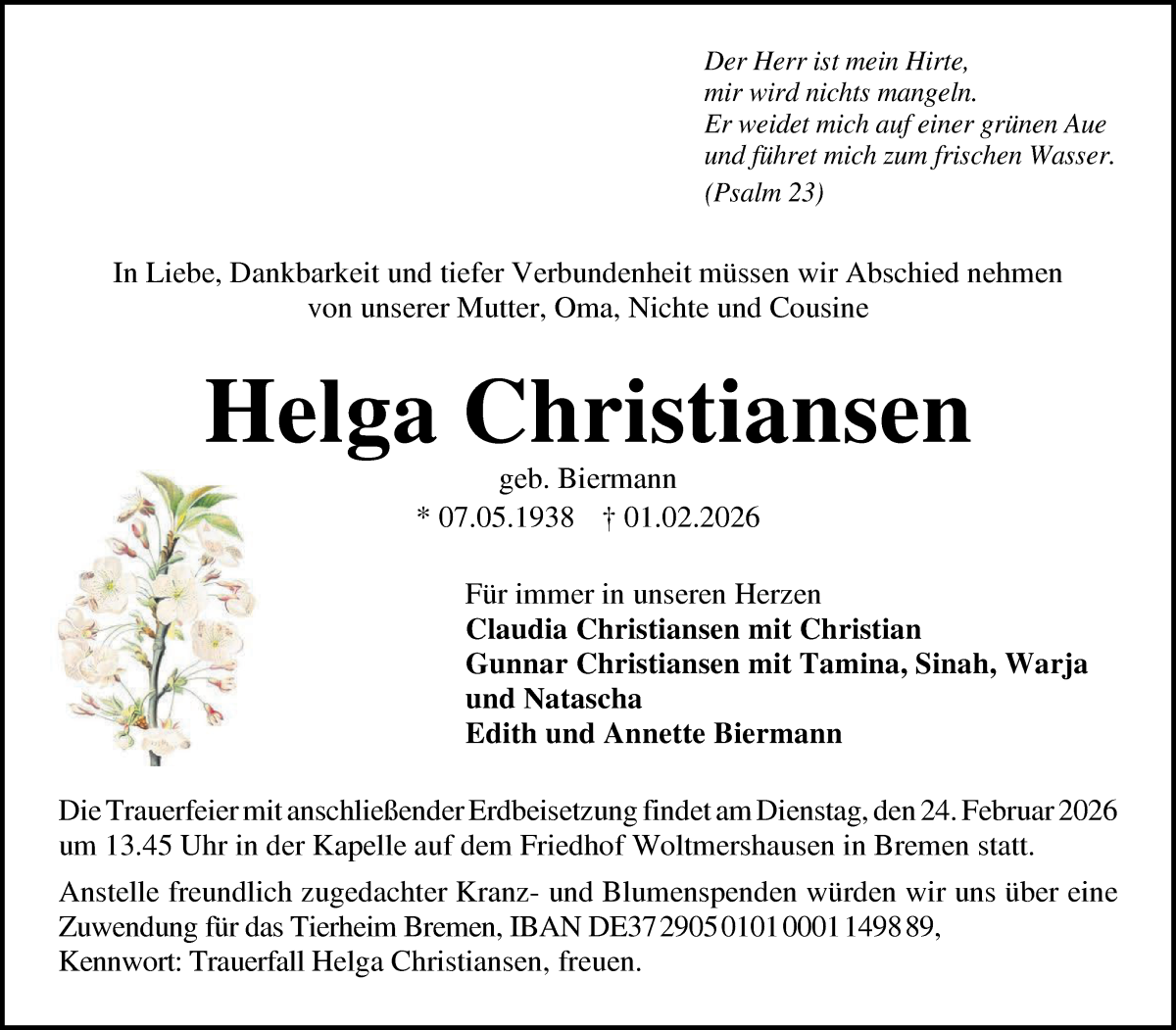 Traueranzeige von Helga Christiansen von WESER-KURIER