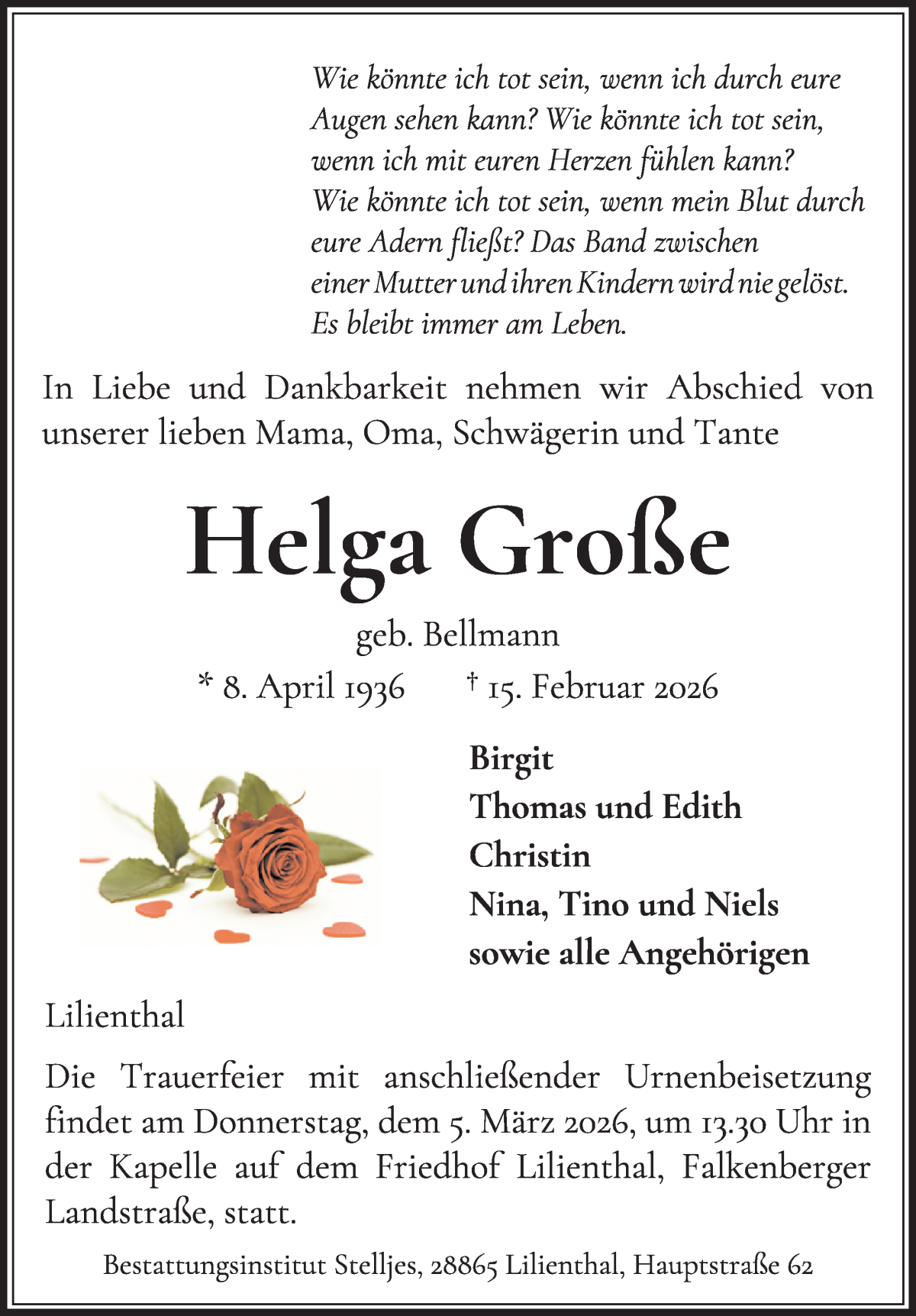 Traueranzeige von Helga Große von Wuemme Zeitung