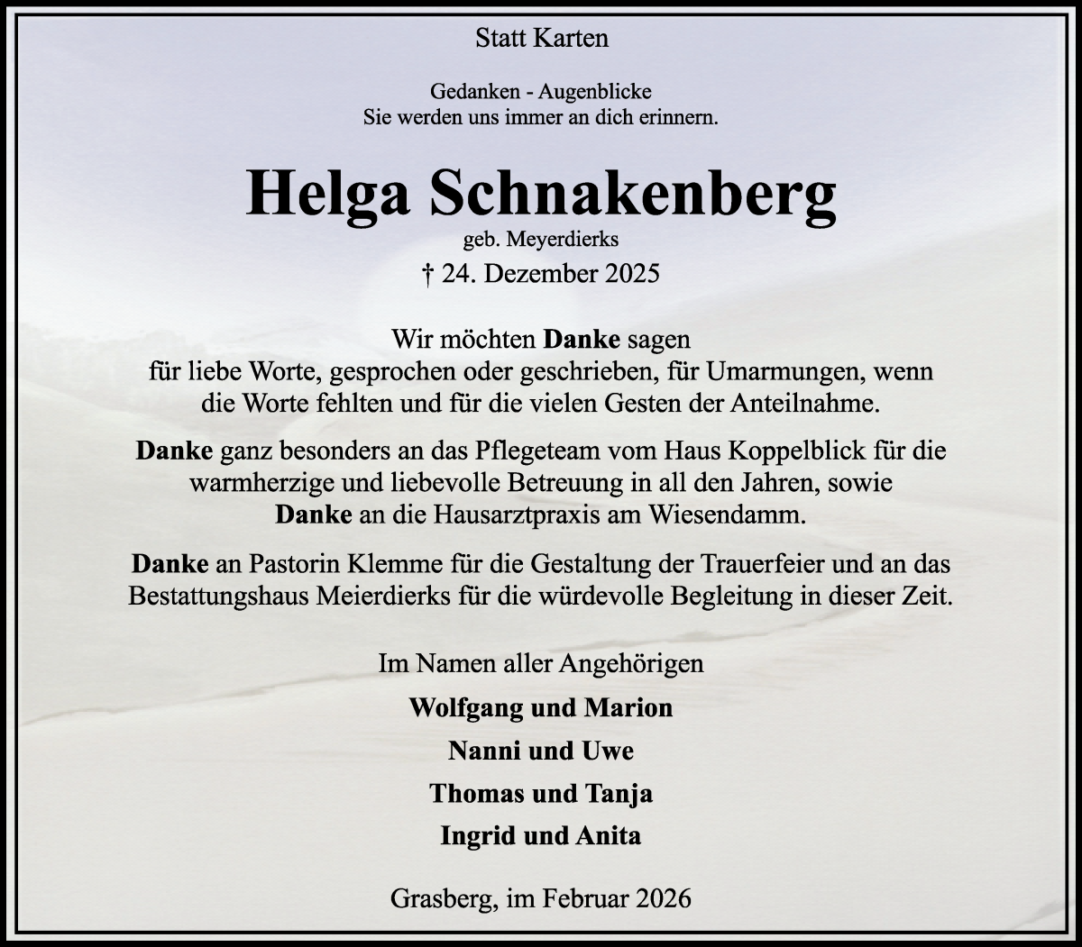 Traueranzeige von Helga Schnakenberg von Wuemme Zeitung