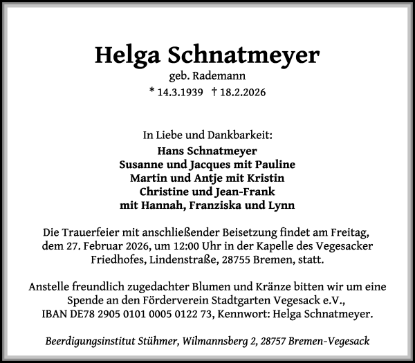 Traueranzeige von Helga Schnatmeyer von Die Norddeutsche
