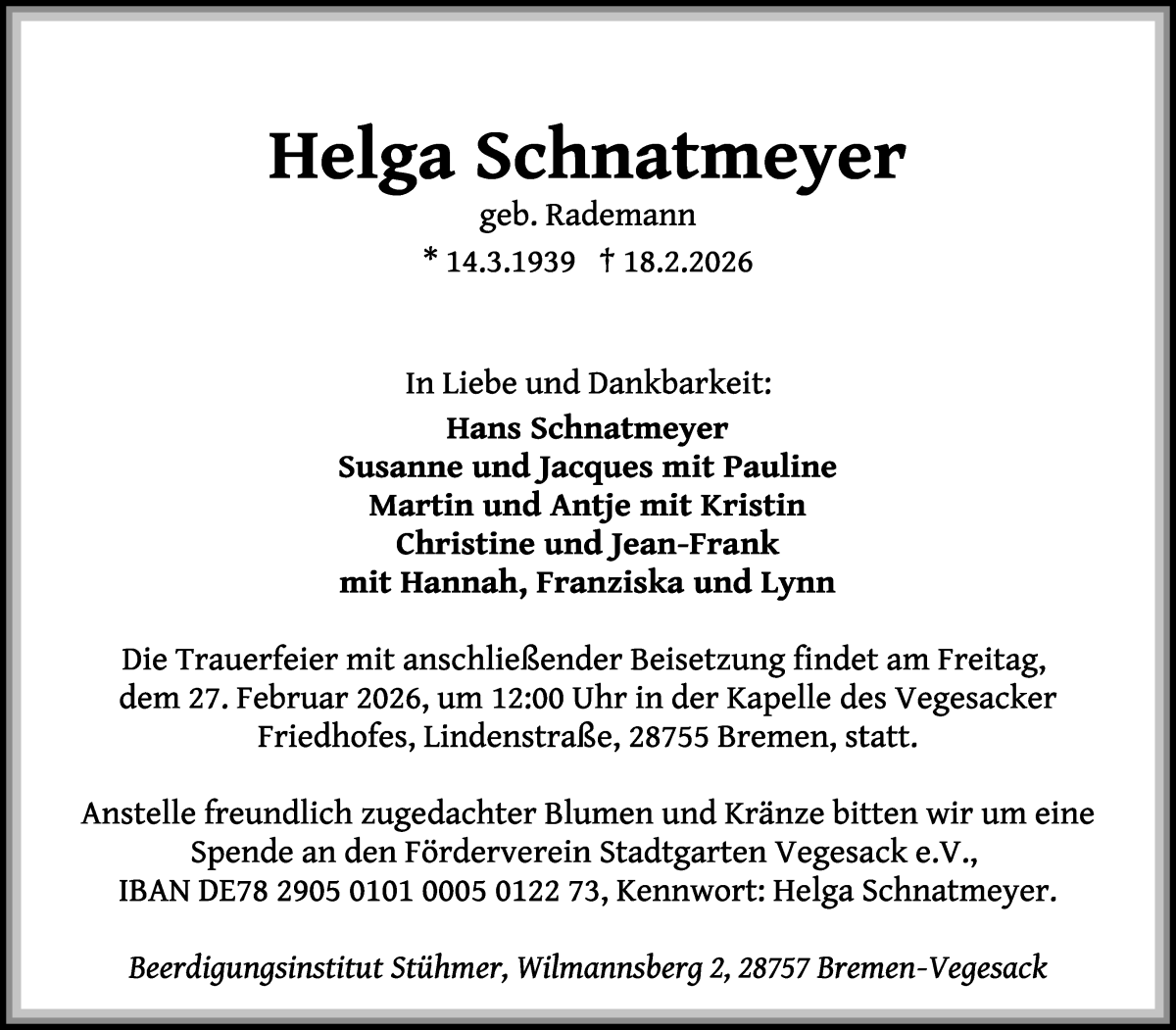 Traueranzeige von Helga Schnatmeyer von Die Norddeutsche