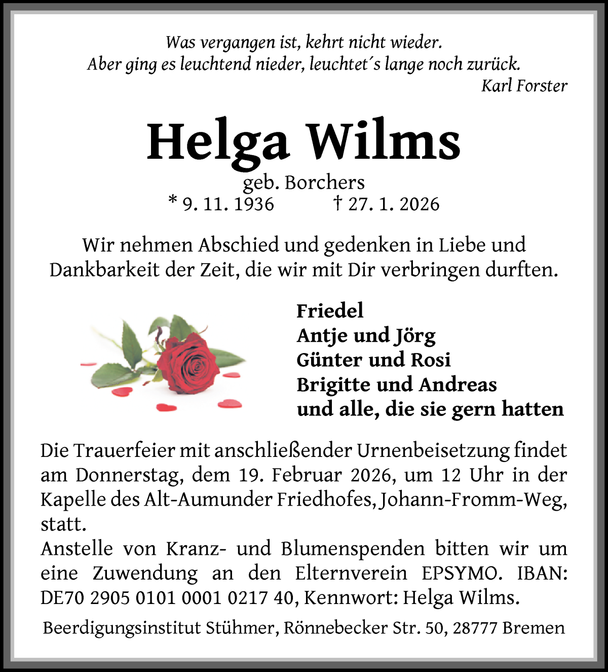Traueranzeige von Helga Wilms von WESER-KURIER