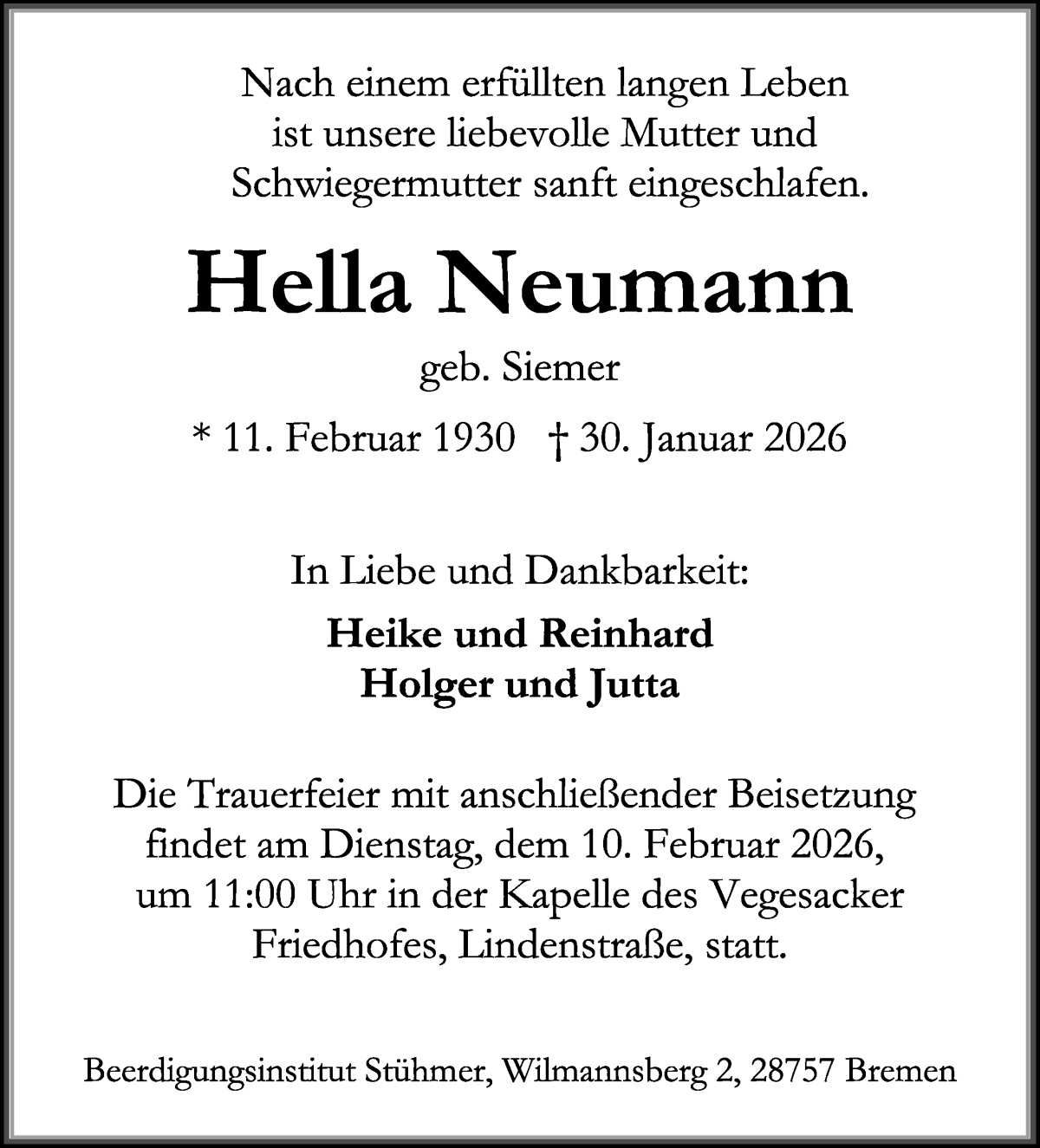 Traueranzeige von Hella Neumann von Die Norddeutsche