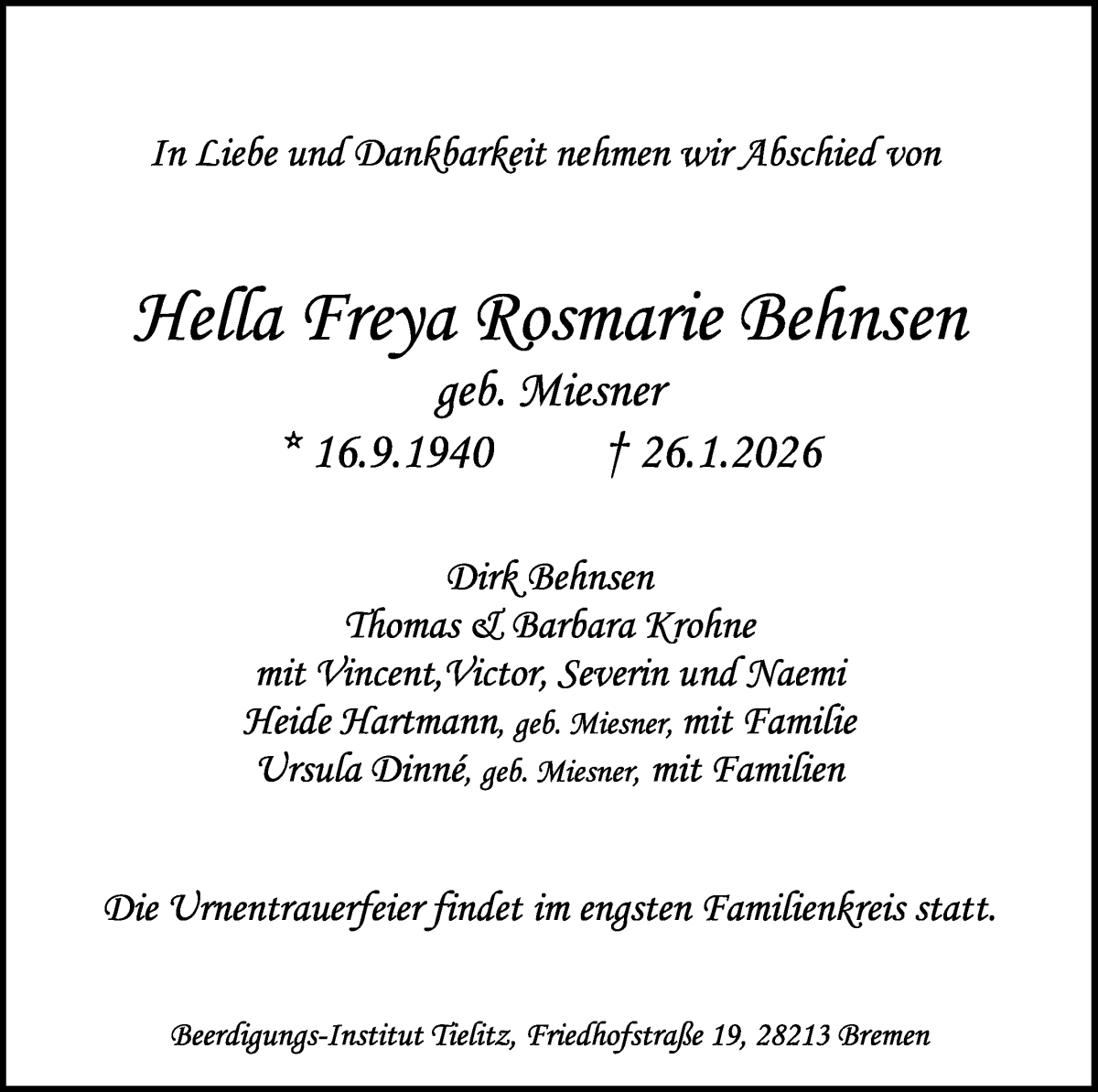 Traueranzeige von Hella Freya Rosmarie Behnsen von WESER-KURIER