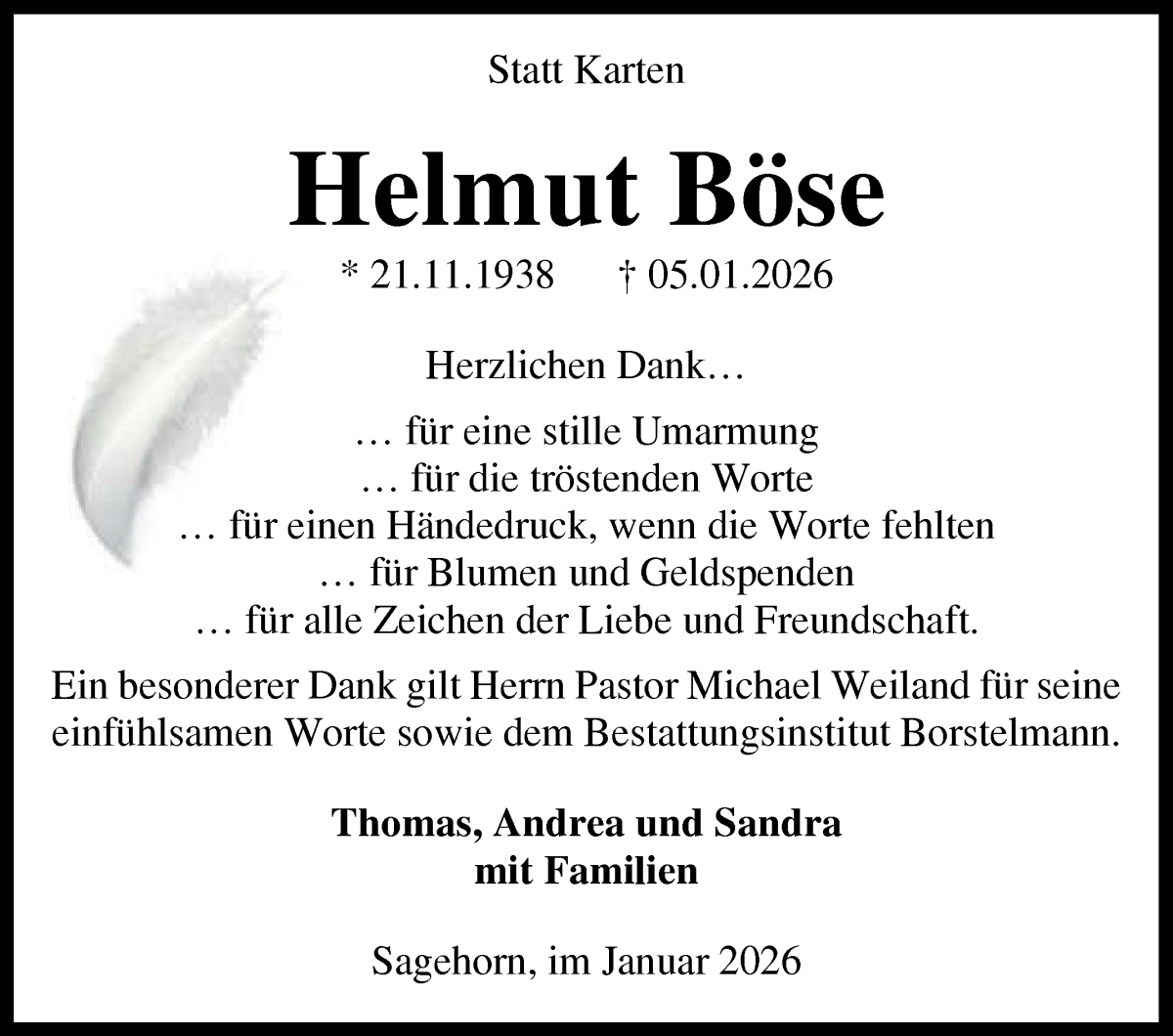 Traueranzeige von Helmut Böse von Wuemme Zeitung