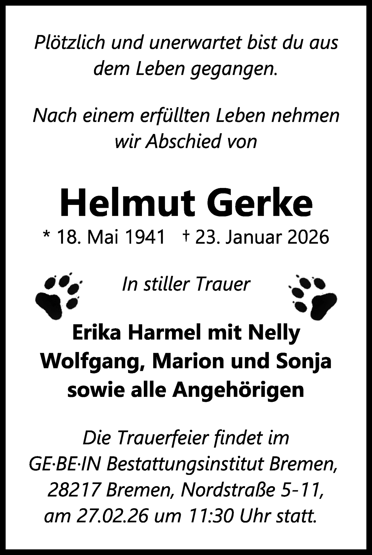 Traueranzeige von Helmut Gerke von WESER-KURIER