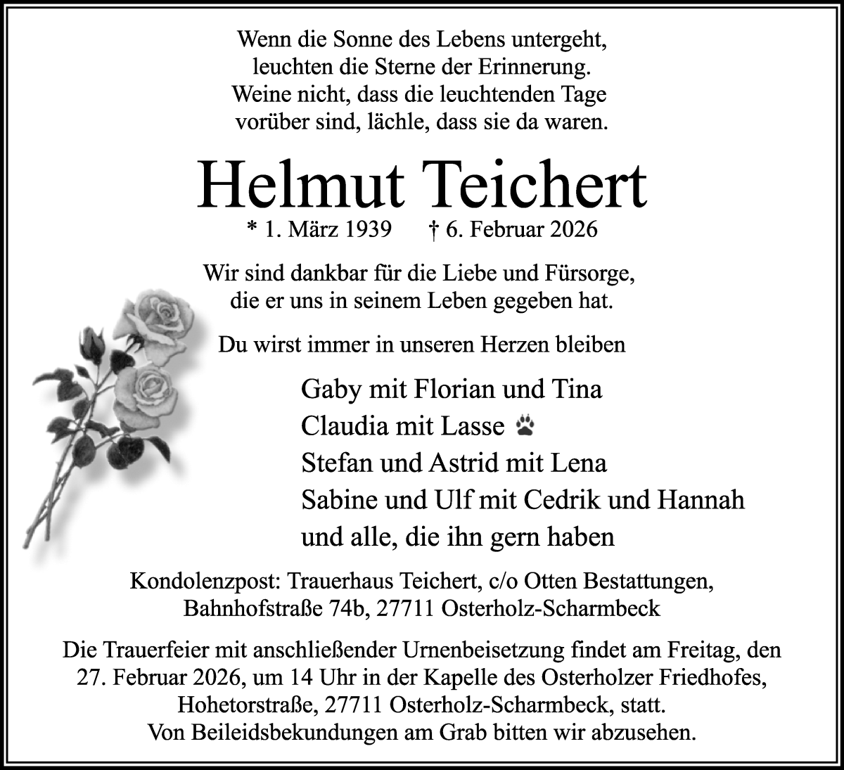  Traueranzeige für Helmut Teichert vom 20.02.2026 aus Osterholzer Kreisblatt