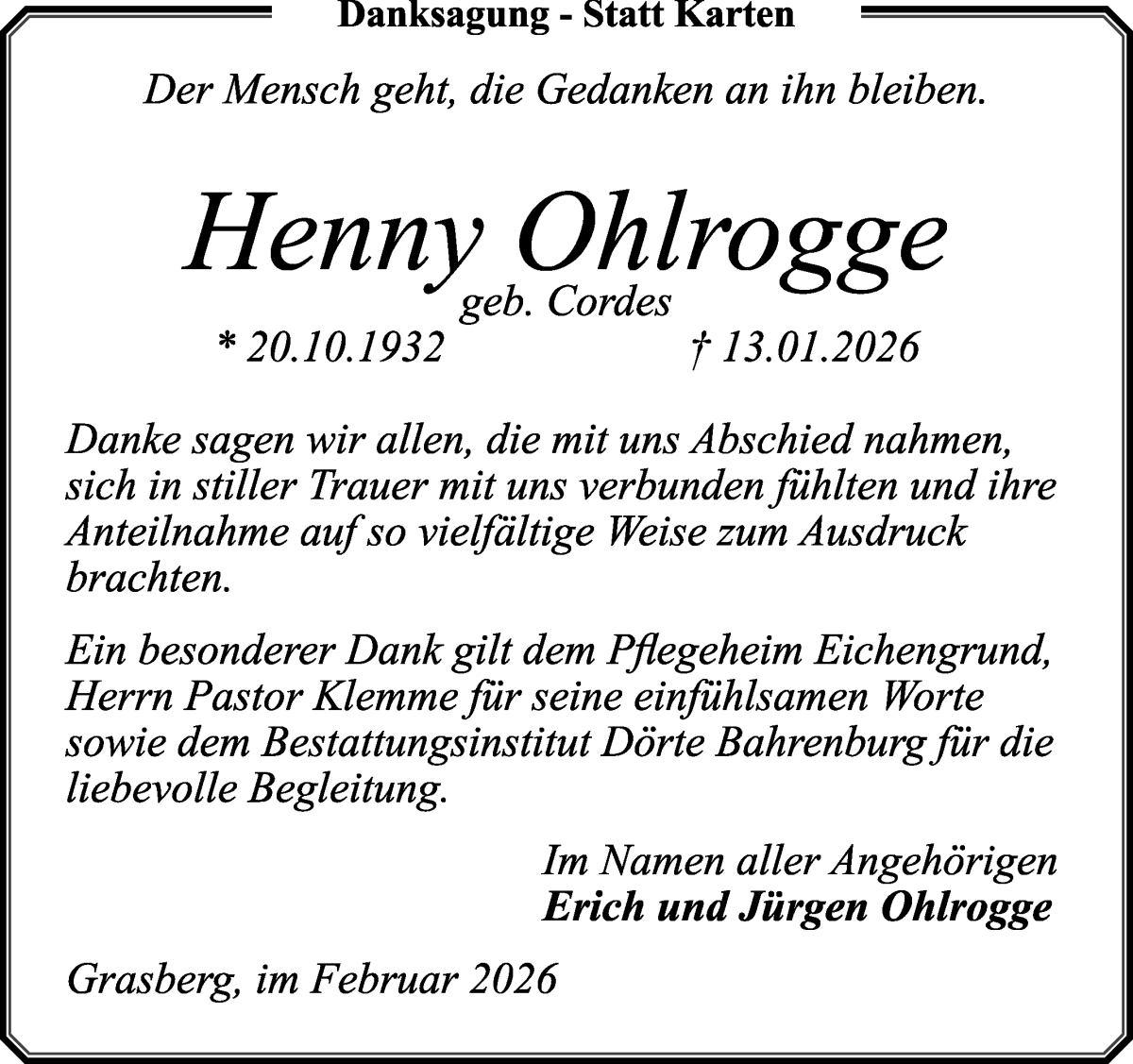 Traueranzeige von Henny Ohlrogge von Wuemme Zeitung