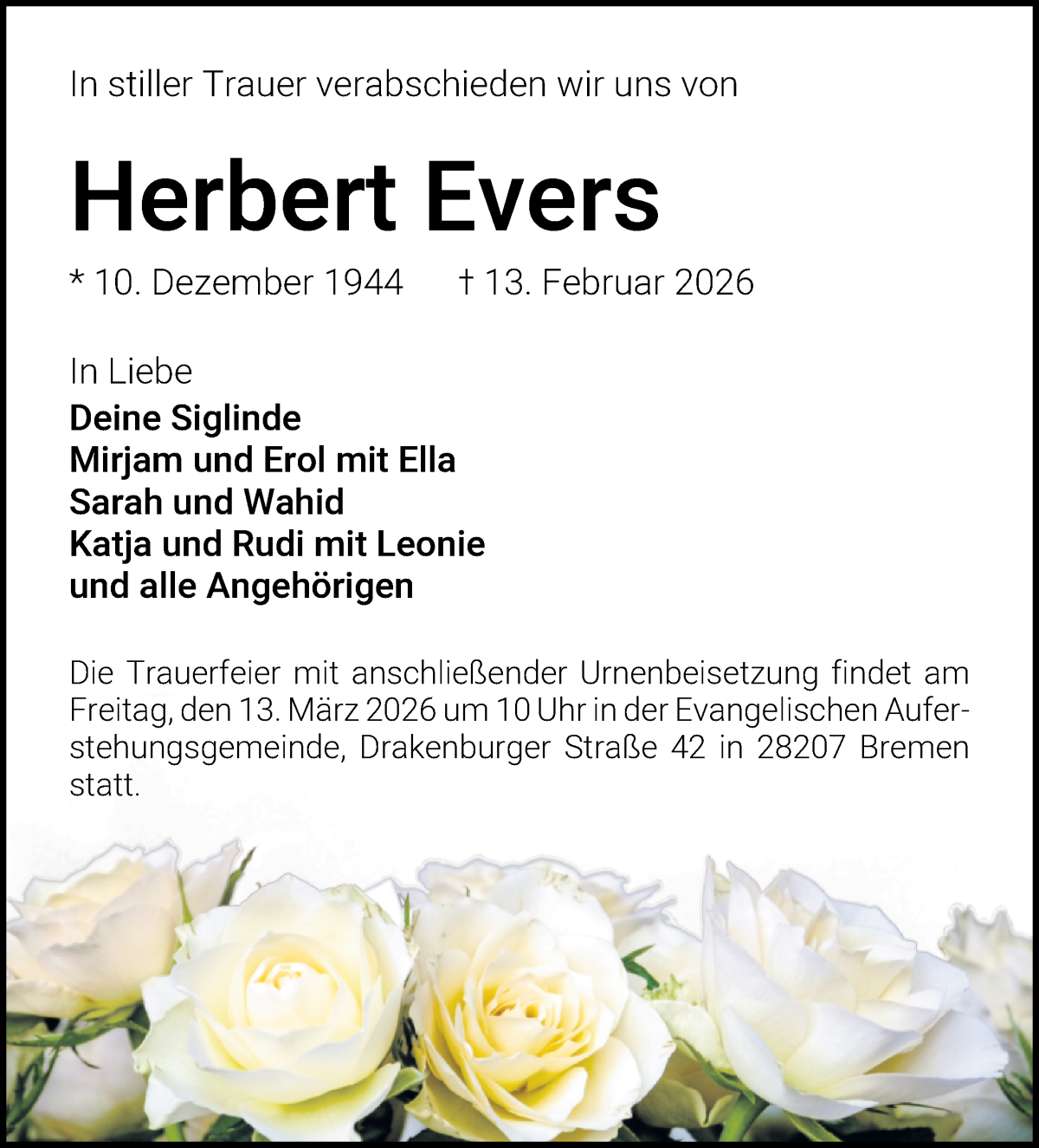  Traueranzeige für Herbert Evers vom 21.02.2026 aus WESER-KURIER