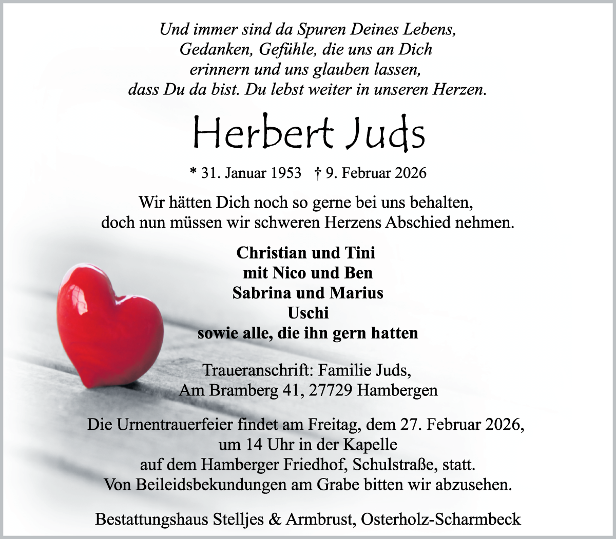 Traueranzeige von Herbert Juds von Osterholzer Kreisblatt