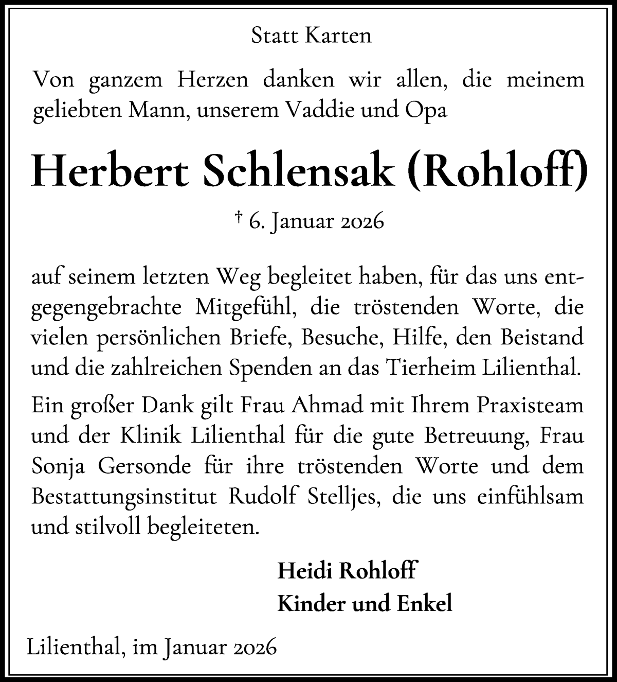 Traueranzeige von Herbert Schlensak von Wuemme Zeitung