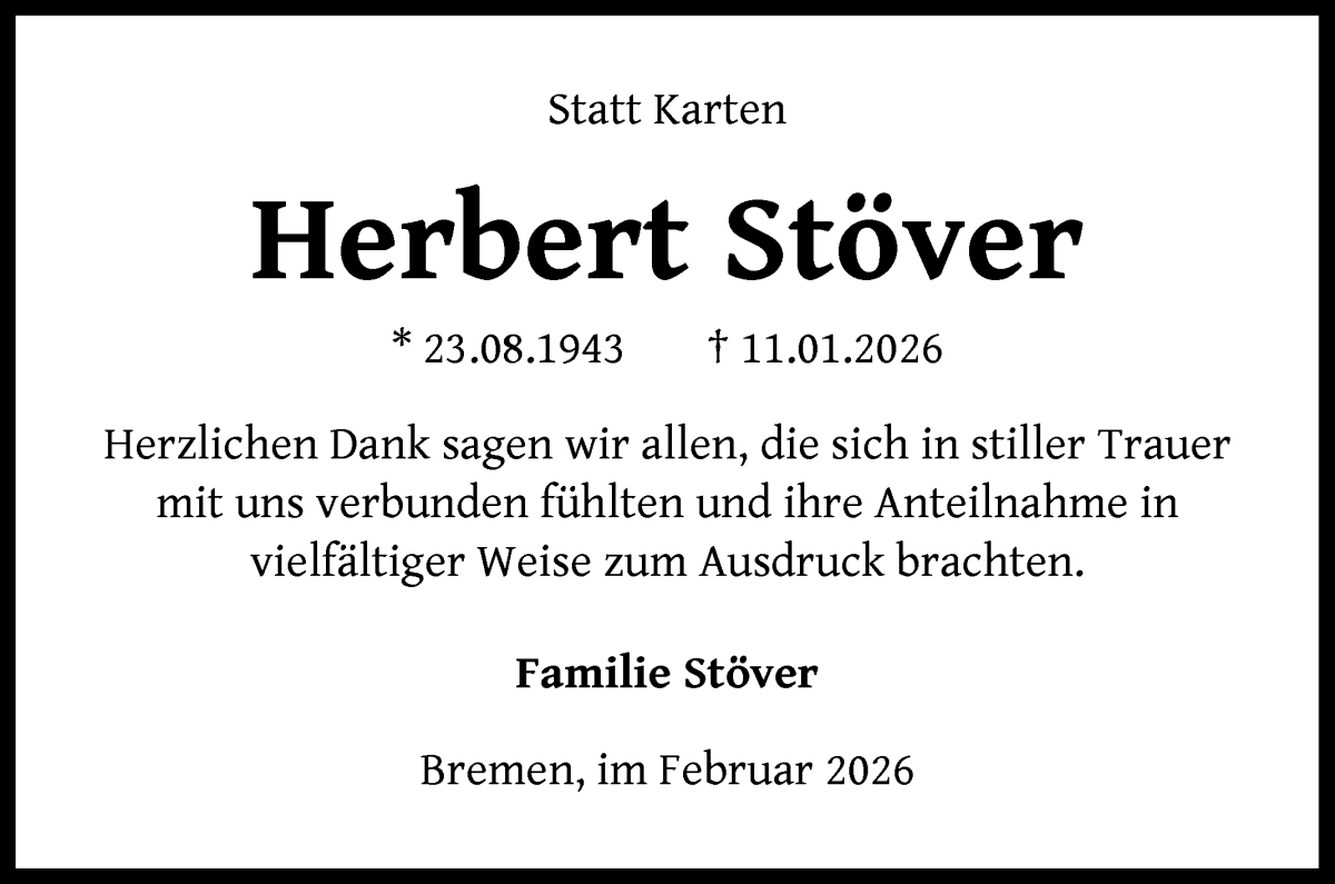 Traueranzeige von Herbert Stöver von WESER-KURIER