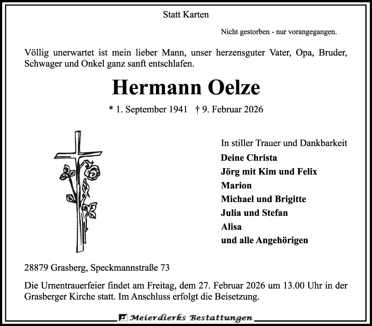 Traueranzeige von Hermann Oelze von Wuemme Zeitung