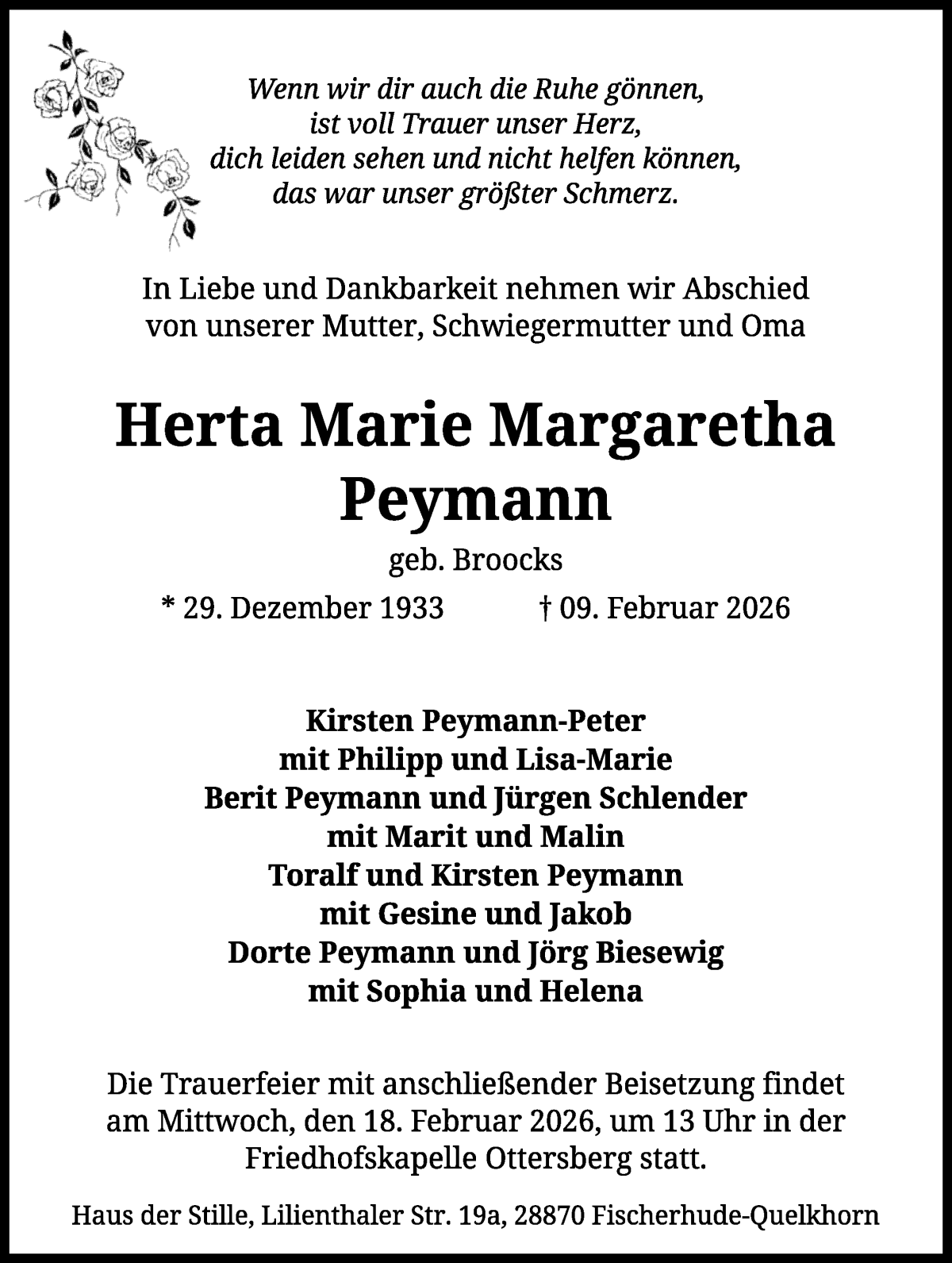 Traueranzeige von Herta Marie Margaretha Peymann von Achimer Kurier/Verdener Nachrichten