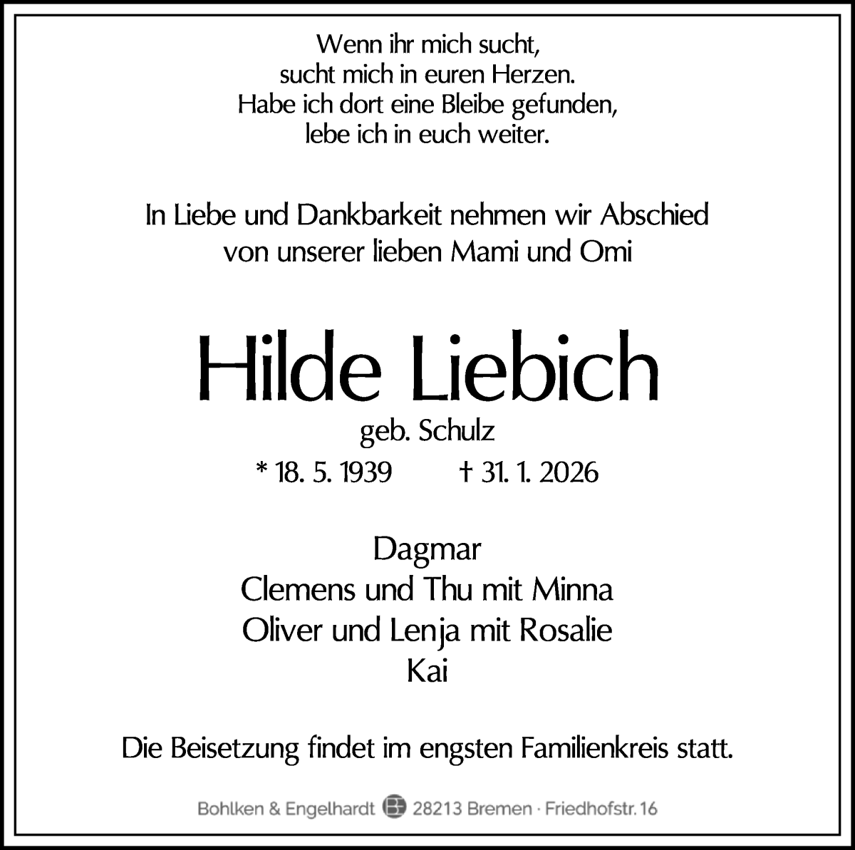 Traueranzeige von Hilde Liebich von WESER-KURIER