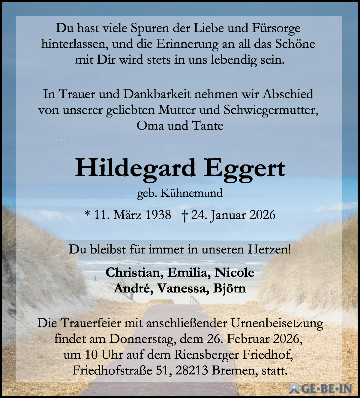 Traueranzeige von Hildegard Eggert von WESER-KURIER