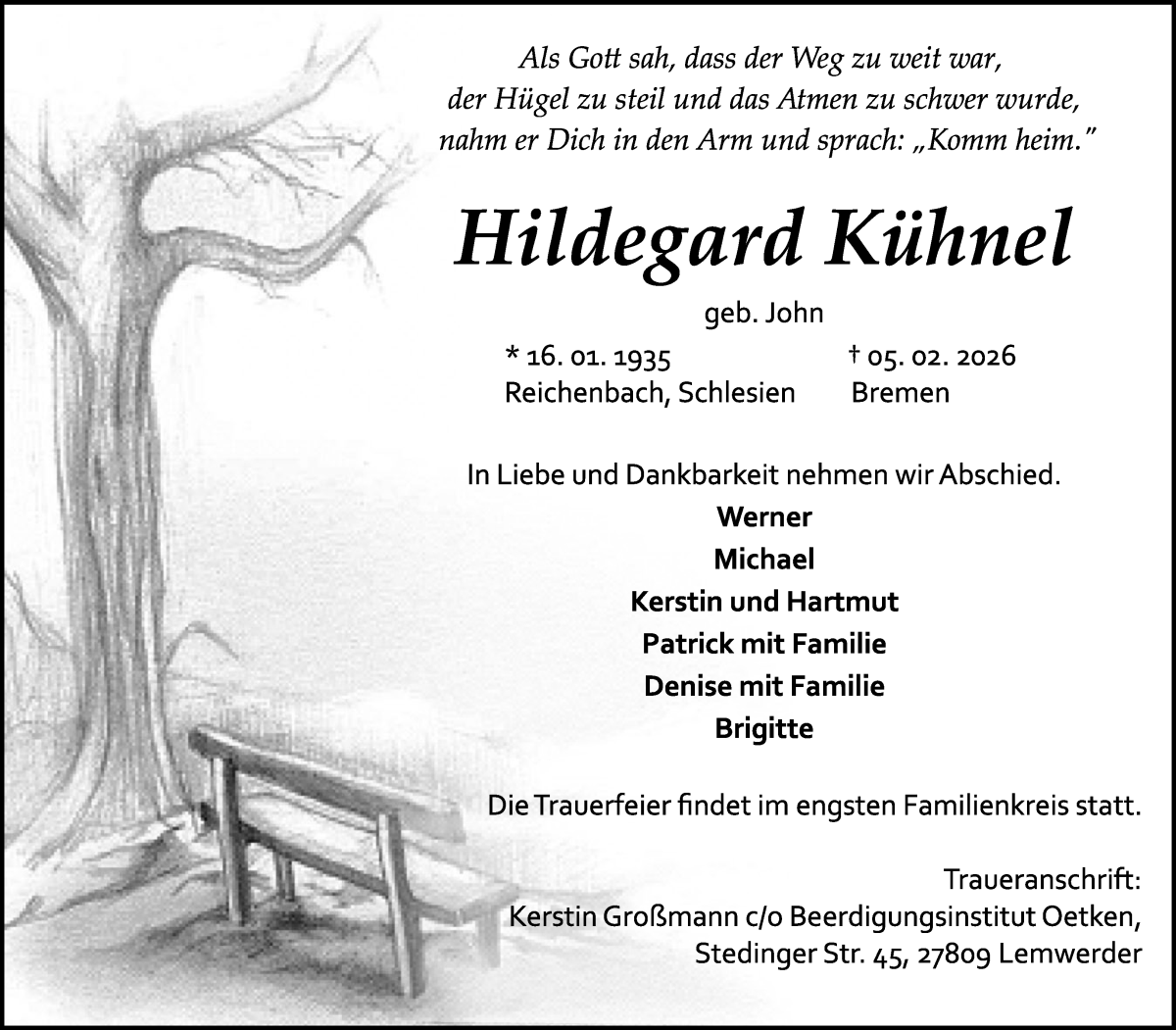 Traueranzeige von Hildegard Kühnel von Die Norddeutsche