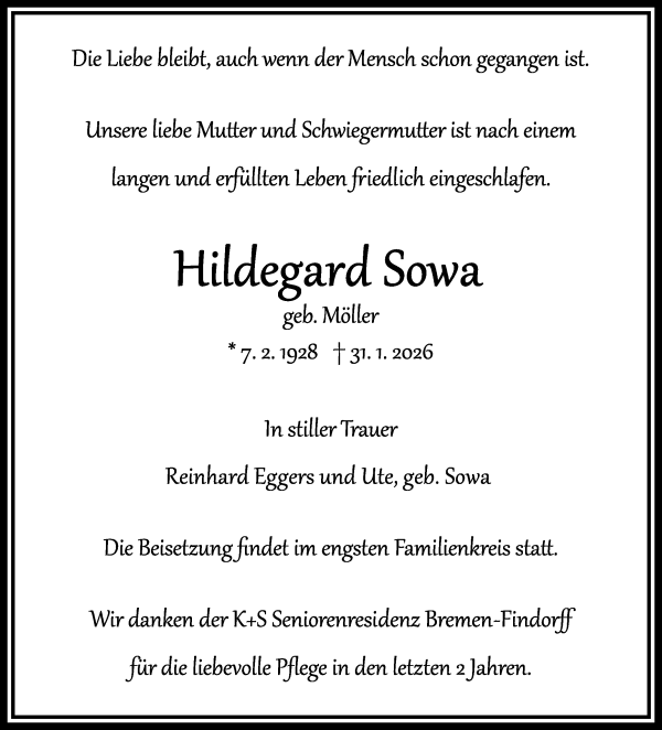 Traueranzeige von Hildegard Sowa von WESER-KURIER