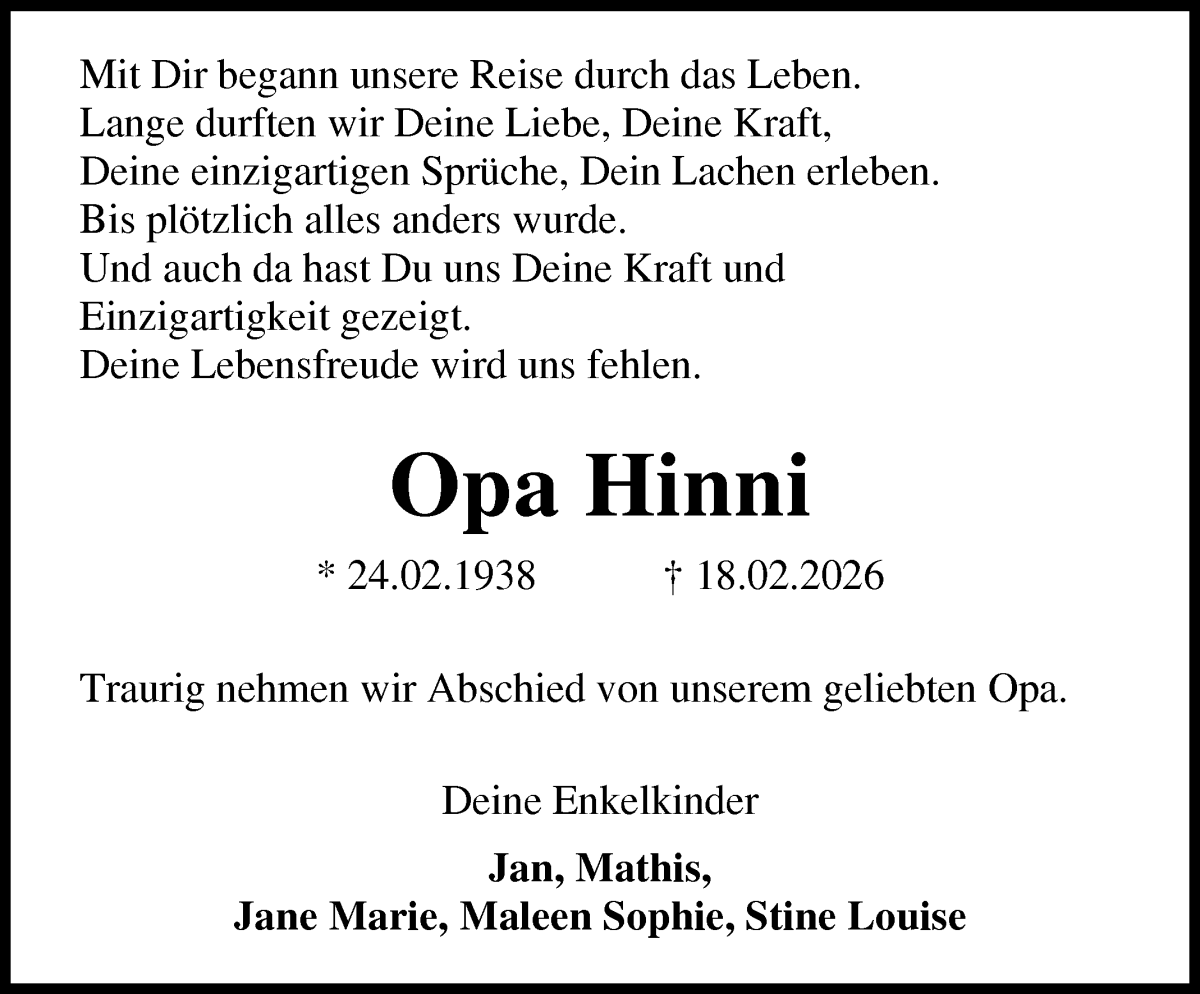 Traueranzeige für Hinrich Lütjen vom 24.02.2026 aus Osterholzer Kreisblatt