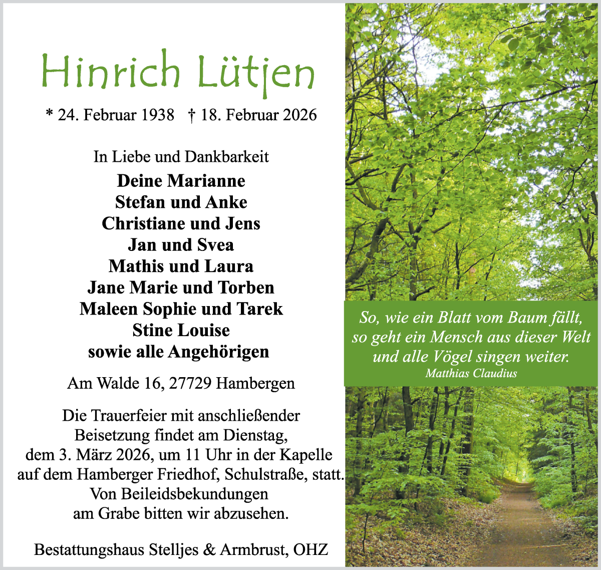  Traueranzeige für Hinrich Lütjen vom 24.02.2026 aus Osterholzer Kreisblatt