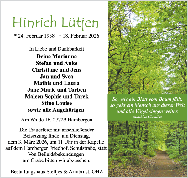 Traueranzeige von Hinrich Lütjen von Osterholzer Kreisblatt