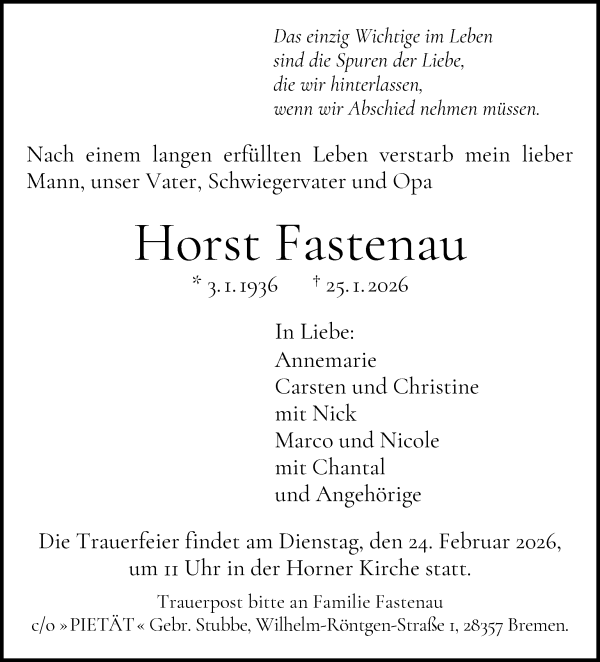 Traueranzeige von Horst Fastenau von WESER-KURIER
