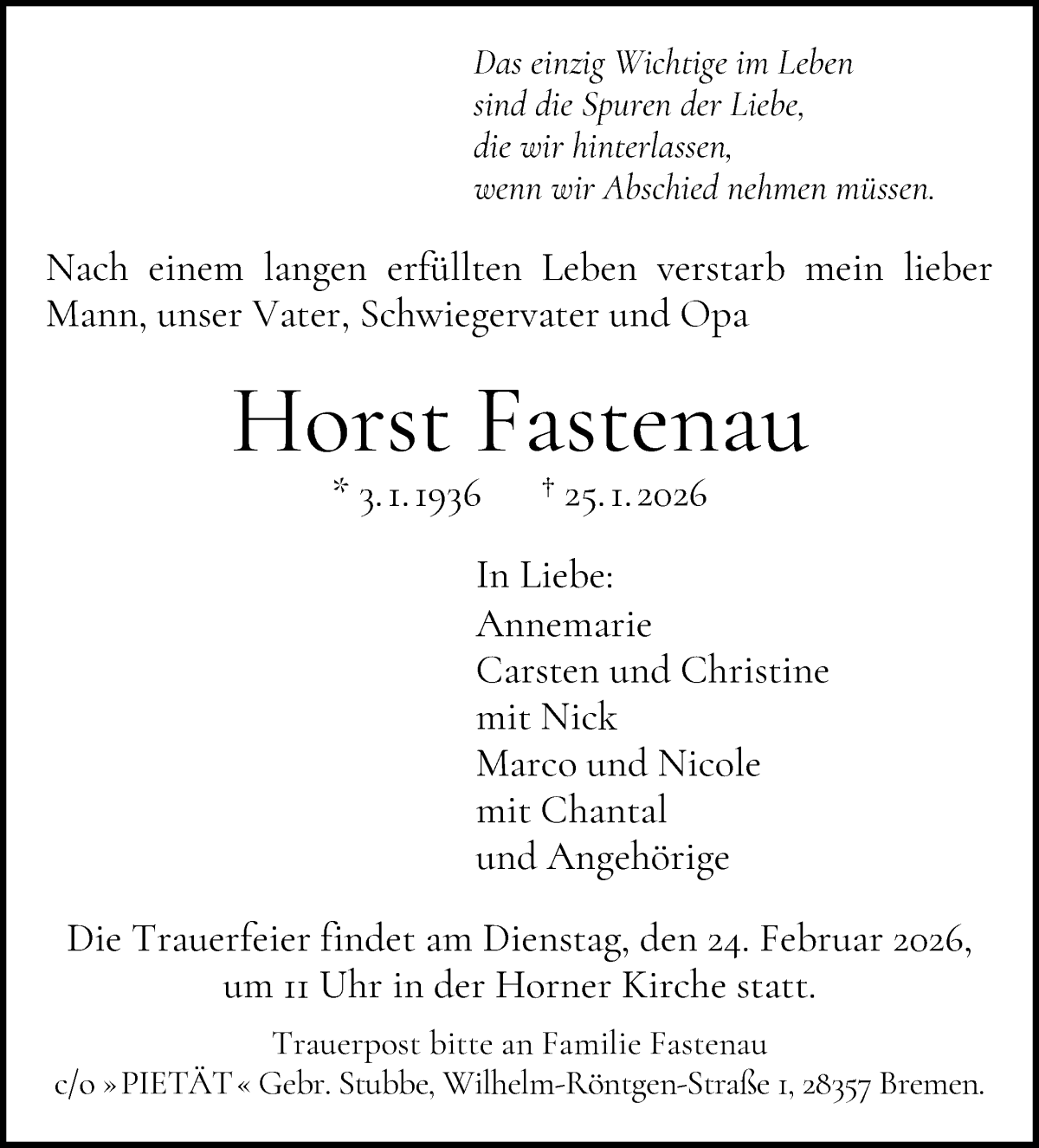 Traueranzeige von Horst Fastenau von WESER-KURIER