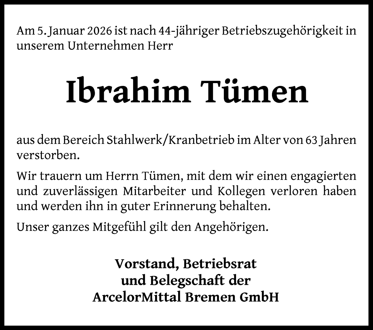 Traueranzeige von Ibrahim Tümen von WESER-KURIER