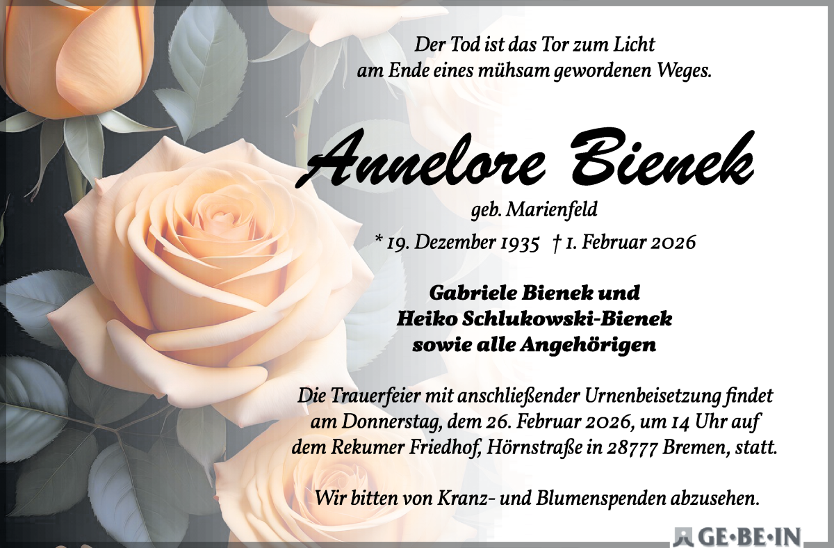 Traueranzeige von Ilona Bienek von Die Norddeutsche