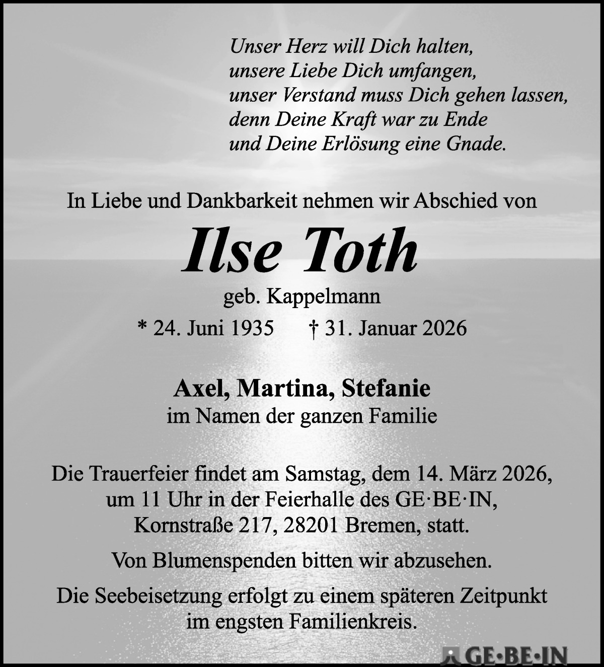 Traueranzeige von Ilse Toth von WESER-KURIER