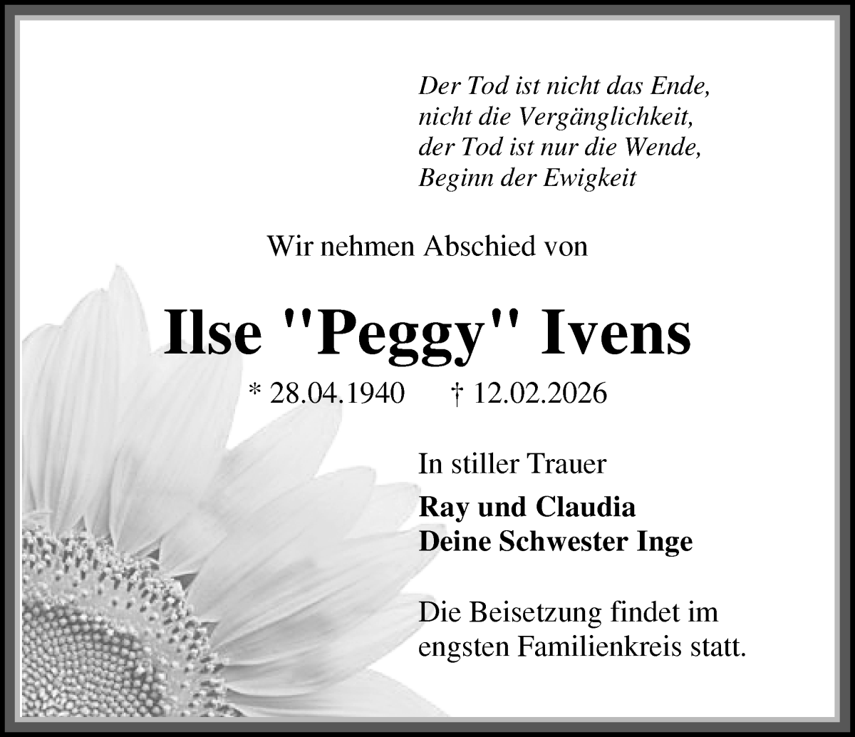 Traueranzeige von Ilse Peggy Ivens von WESER-KURIER