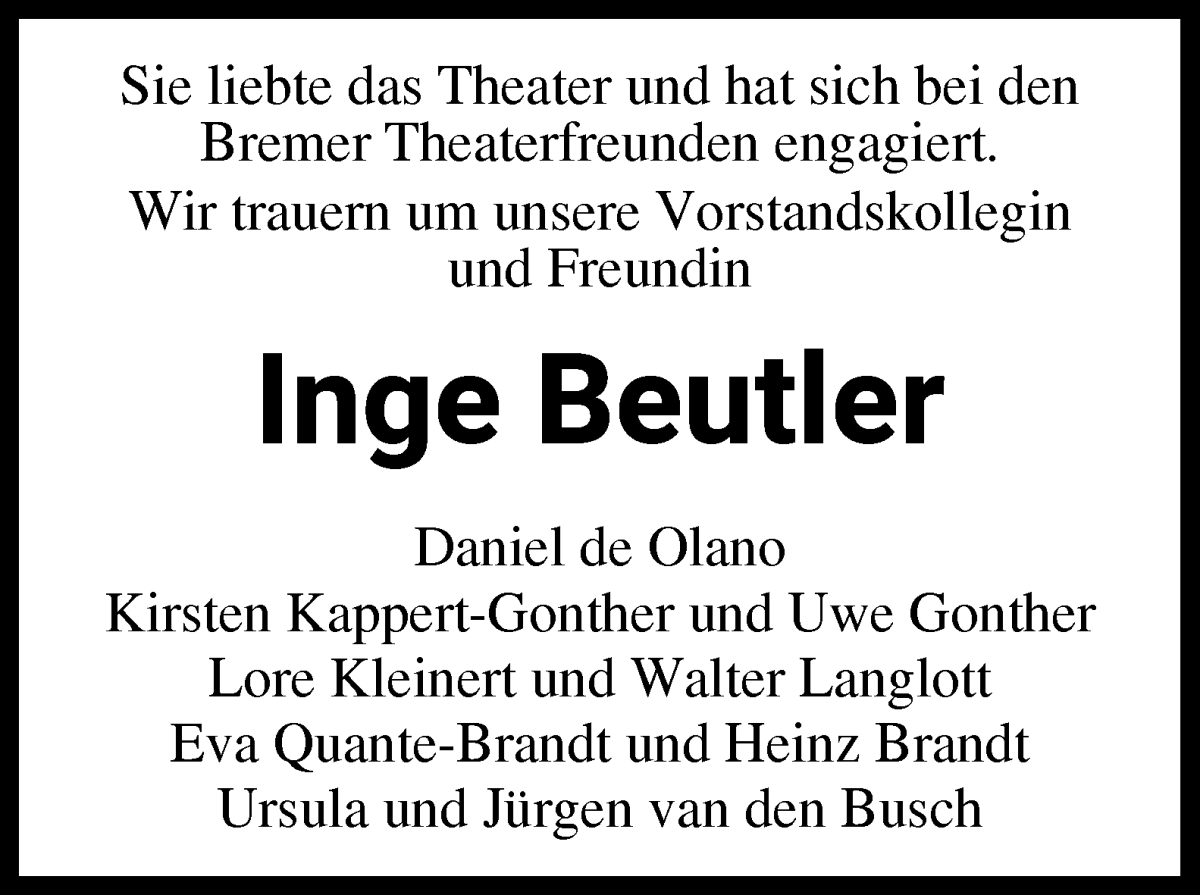 Traueranzeige von Inge Beutler von WESER-KURIER