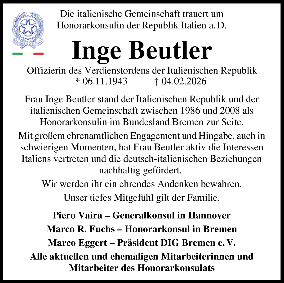 Traueranzeige von Inge Beutler von WESER-KURIER