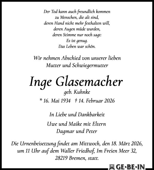 Traueranzeige von Inge Glasemacher von WESER-KURIER