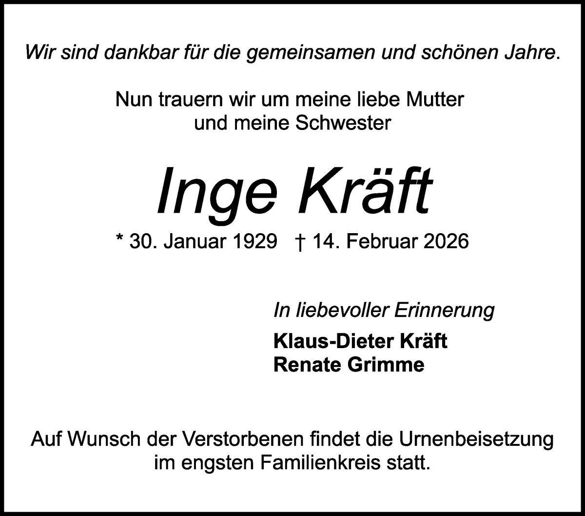 Traueranzeige für Inge Kräft vom 21.02.2026 aus WESER-KURIER