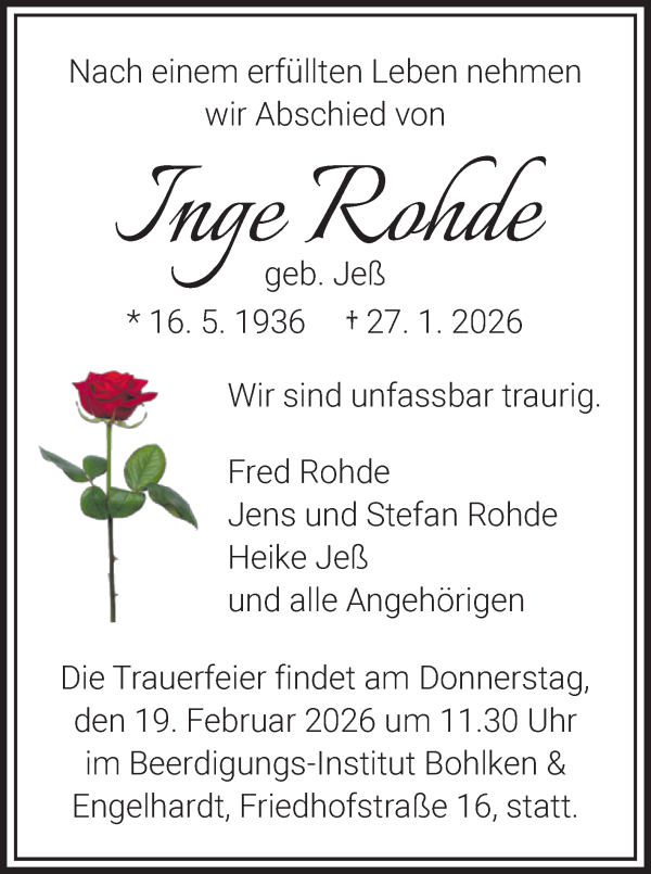 Traueranzeige von Inge Rohde von WESER-KURIER