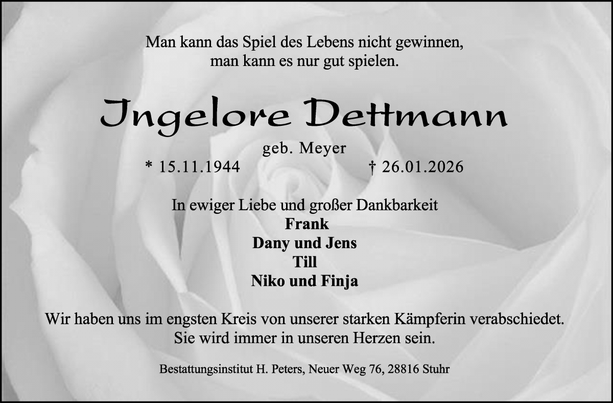 Traueranzeige von Ingelore Dehmann von WESER-KURIER