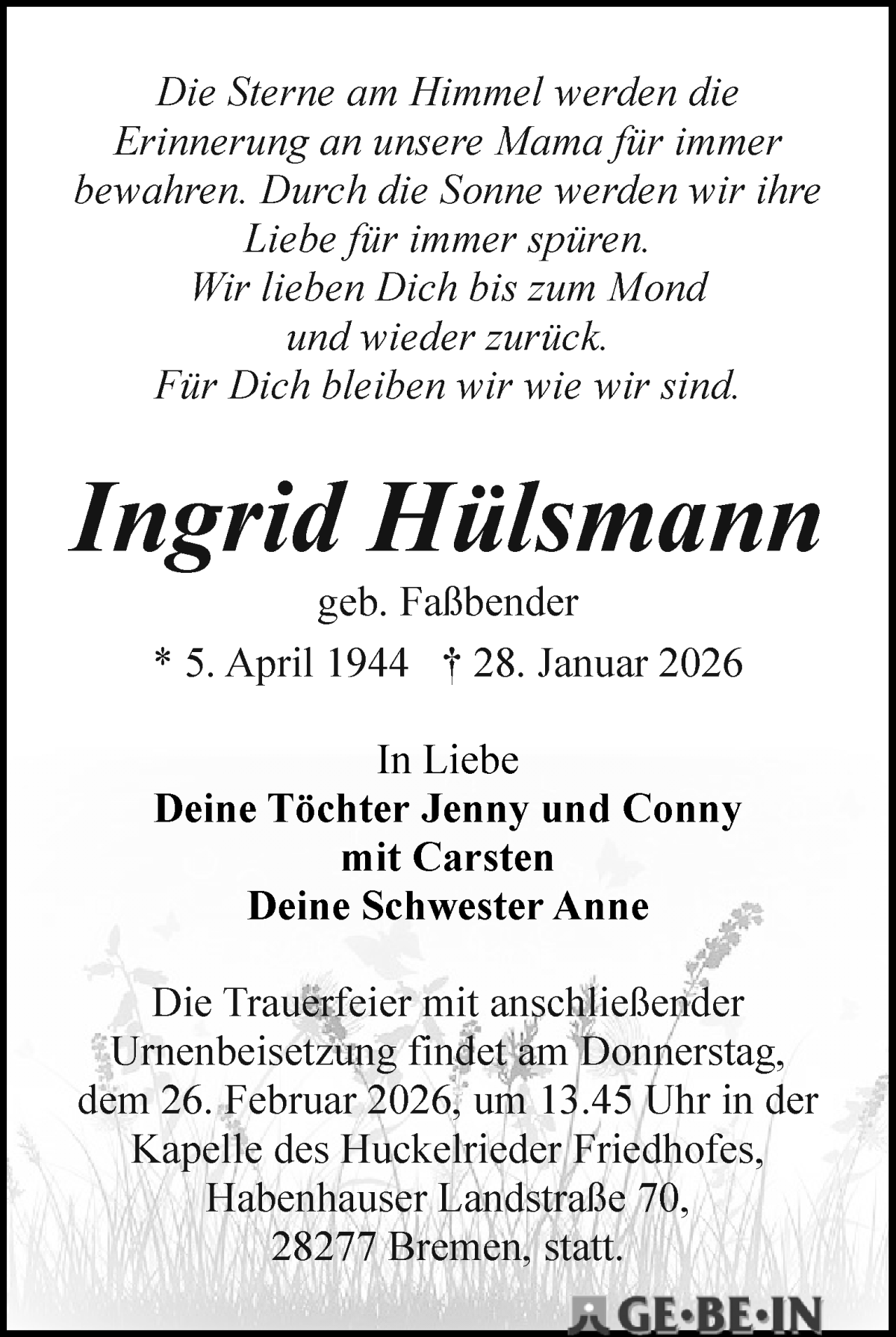 Traueranzeige von Ingrid Hülsmann von WESER-KURIER