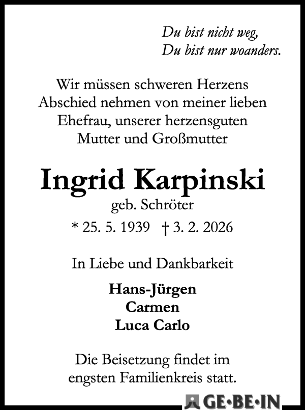 Traueranzeige von Ingrid Karpinski von WESER-KURIER
