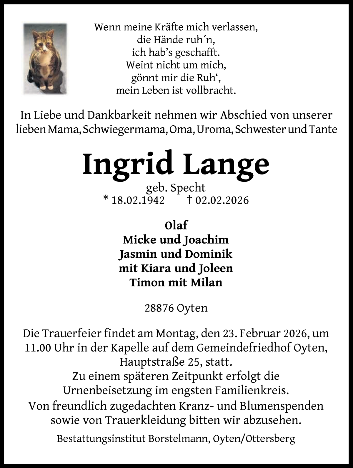 Traueranzeige für Ingrid Lange vom 19.02.2026 aus WESER-KURIER