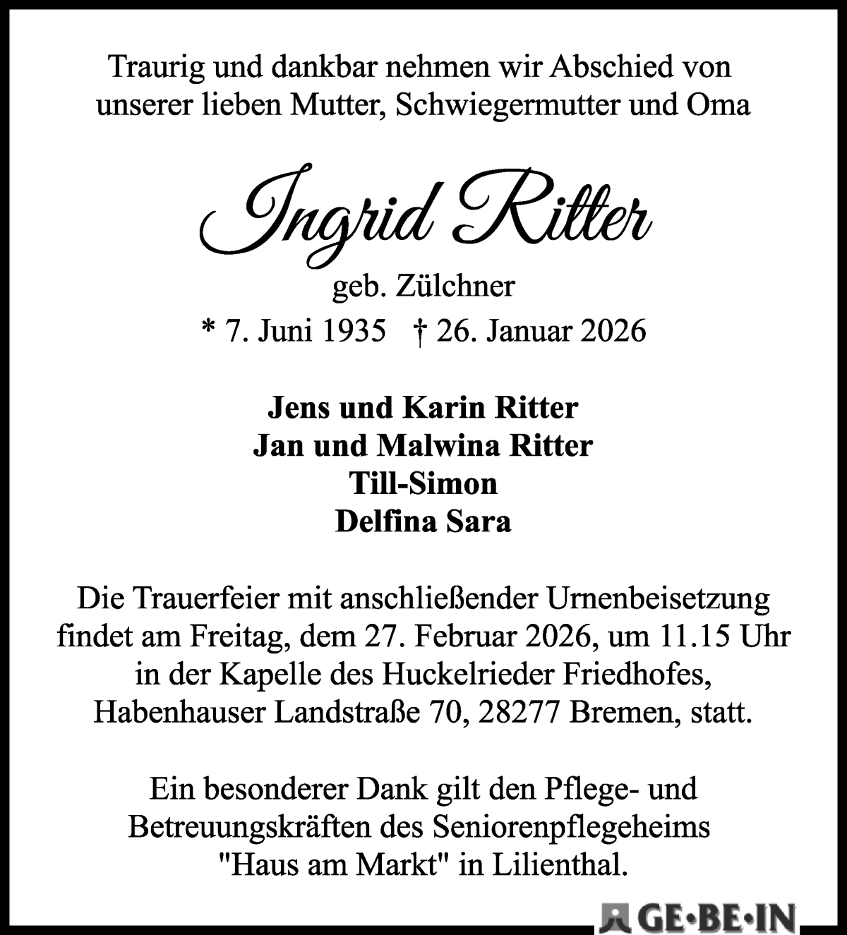 Traueranzeige von Ingrid Ritter von WESER-KURIER