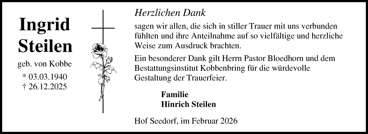 Traueranzeige von Ingrid Steilen von Osterholzer Kreisblatt