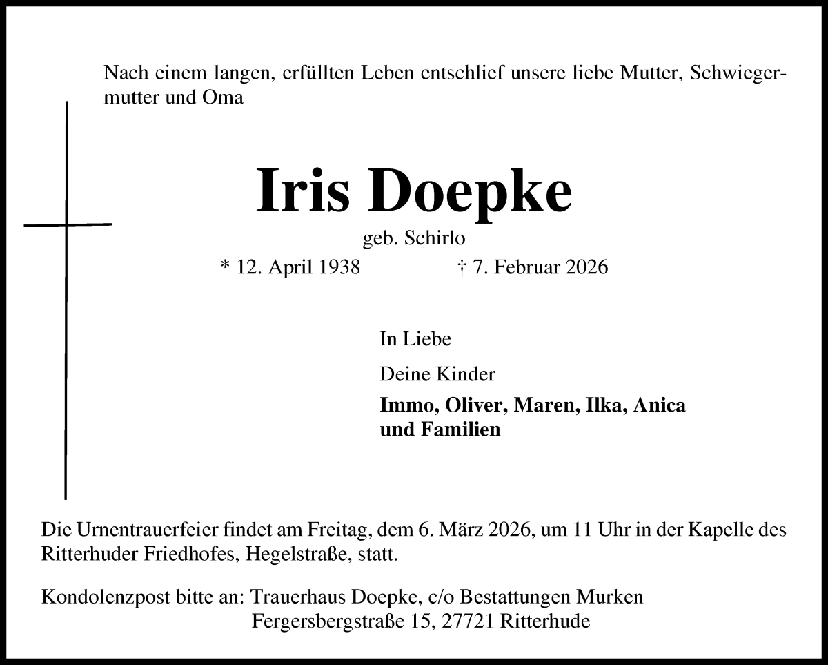 Traueranzeige von Iris Doepke von Osterholzer Kreisblatt