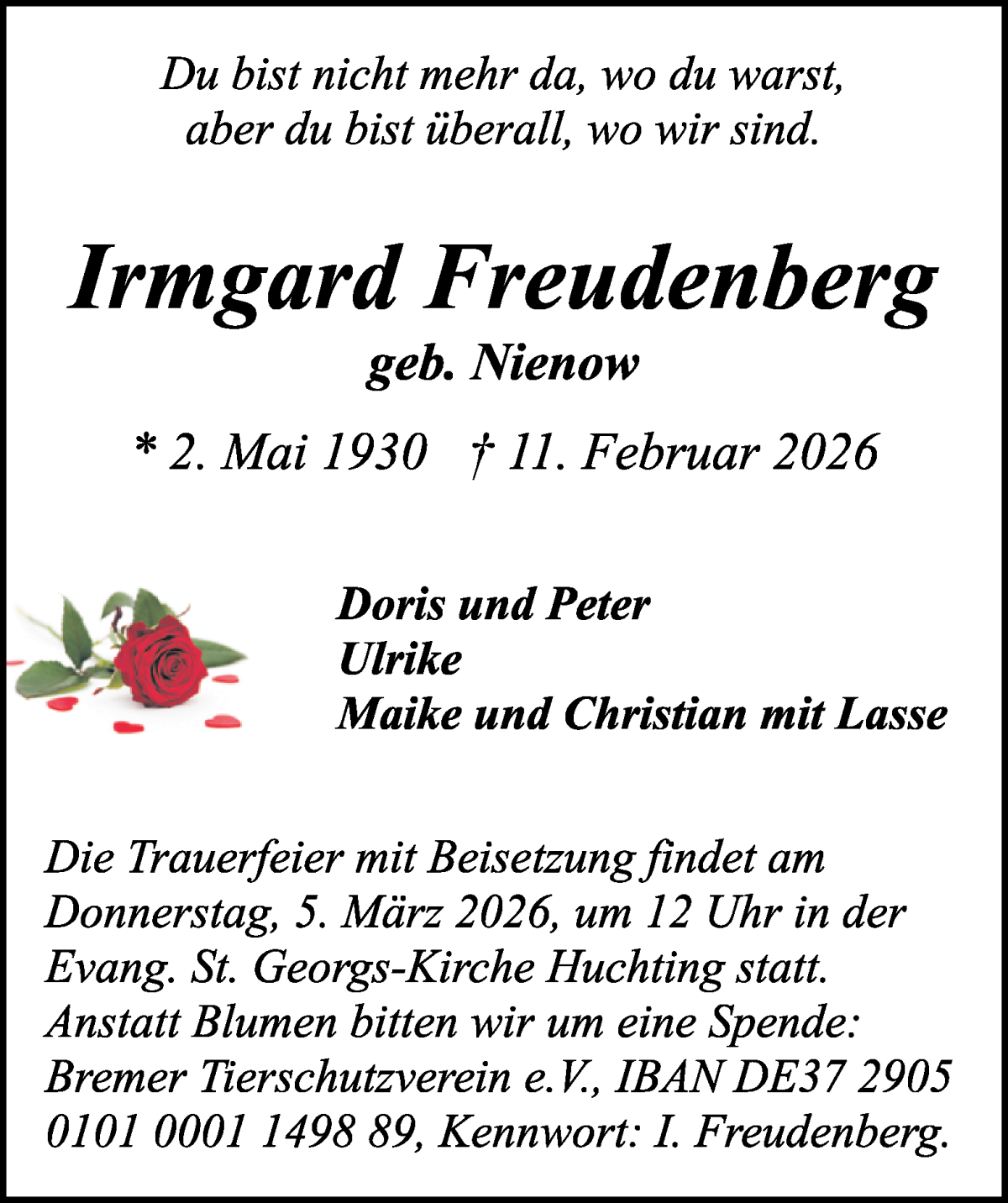 Traueranzeige von Irmgard Freudenberg von WESER-KURIER