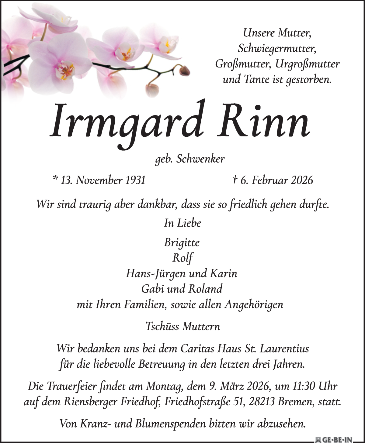 Traueranzeige von Irmgard Rinn von WESER-KURIER