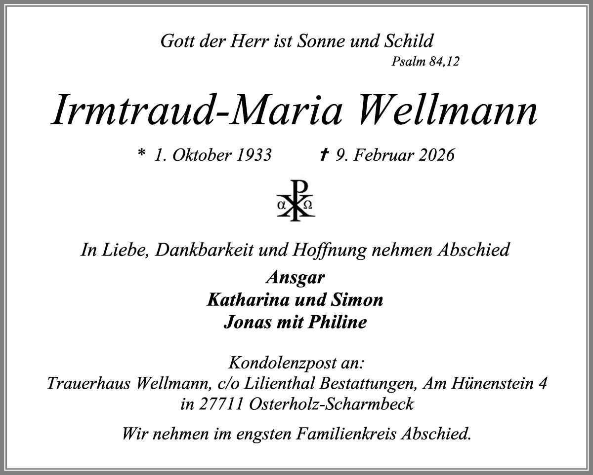 Traueranzeige von Irmtraud-Maria Wellmann von Osterholzer Kreisblatt