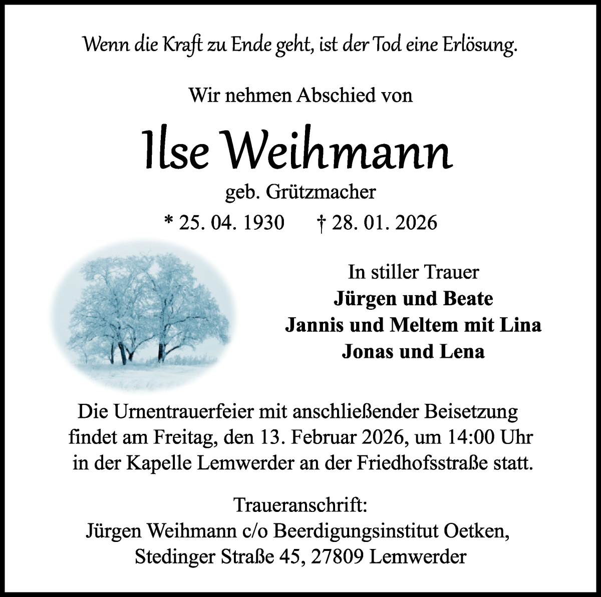 Traueranzeige von Ise Weihmann von Die Norddeutsche