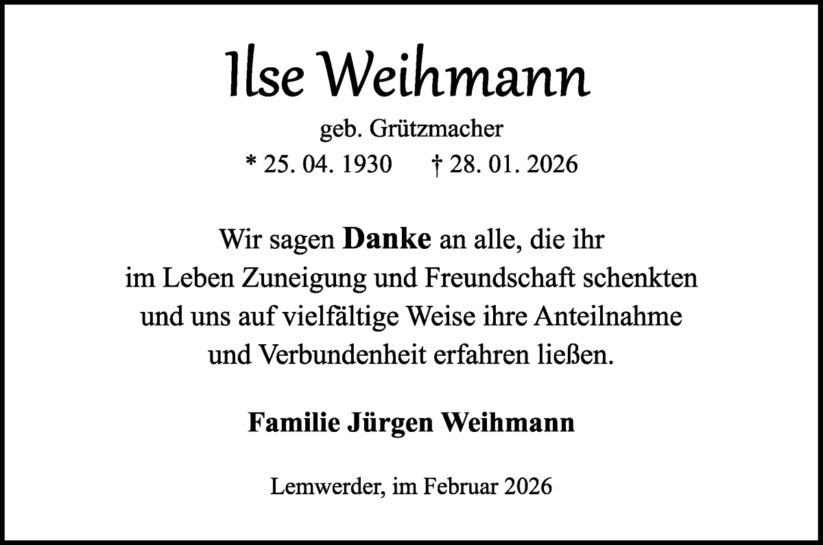 Traueranzeige von Ise Weihmann von Die Norddeutsche